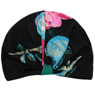 Pink Teal Gold Flowers on Black Turban Runway Style