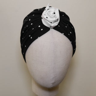 Black White Polka Dot Pre-Tied Turban | Handmade Brooch