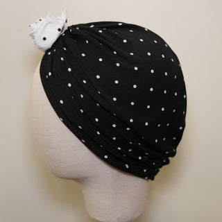 Black White Polka Dot Pre-Tied Turban | Handmade Brooch